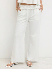 Cotton Mid Rise Ruffled Drawstring Flared Trousers