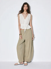 100% Cotton V-neck Drawstring Peplum Blouse