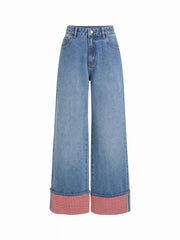 Washed Denim Gingham Wide Leg Oversized Cropped Jeans