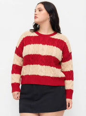 Cable Knit Striped Round Neckline Oversized Sweater Curve & Plus