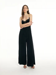 Solid Lace Corset Chain Cross Wide Leg Jumpsuit