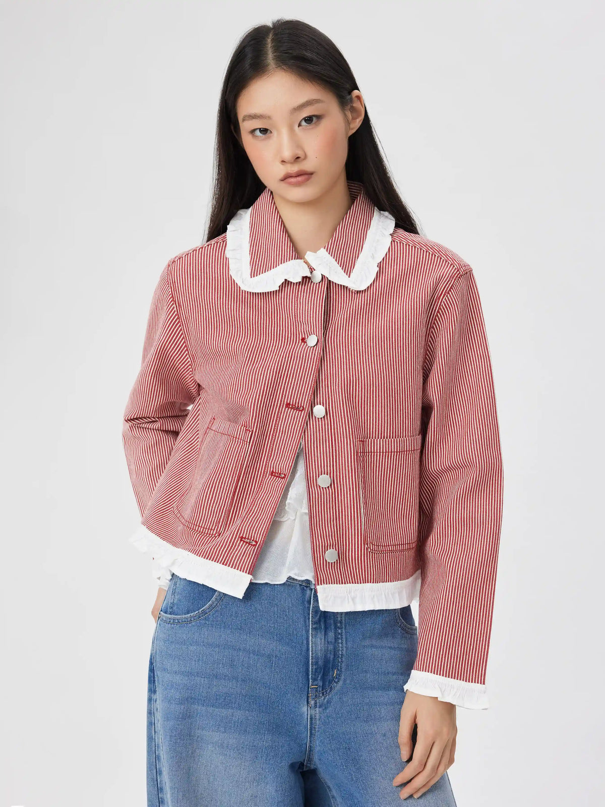 Denim Ruffle Striped Contrasting Binding Collar Jacket