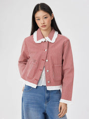 Denim Ruffle Striped Contrasting Binding Collar Jacket