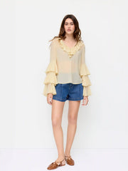 Chiffon V-Neck Ruffled Tiered Sleeve Oversized Blouse