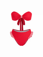 Two Way Smocked Bow Detail Sweetheart Bandeau Bikini Set