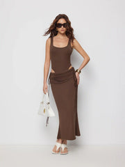 Ruched Square Neck Bodysuit & Mid Rise Mermaid Maxi Skirt Set