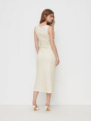 Polka Dot Boat Neck Tie Side Split Maxi Dress