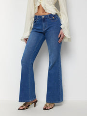Washed Denim High Rise Metal Detail Flared Trousers