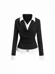 Cowl Neck Two Tone Ruched Long Sleeve Layered Top