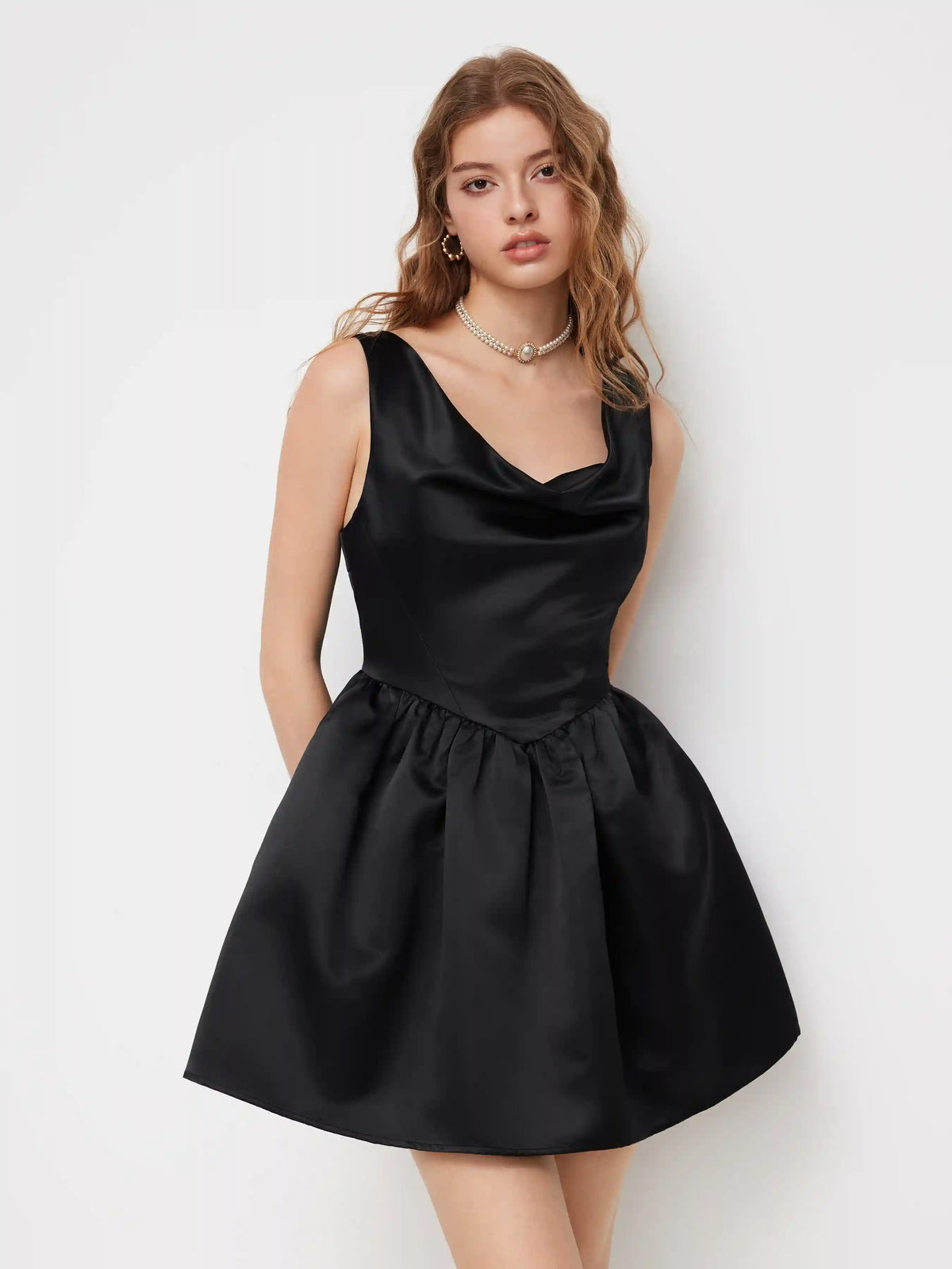 Satin Cowl Neck Ruched Zipper Mini Tank Dress