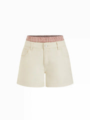 Washed Denim Mid Rise Gingham Contrast Binding Shorts
