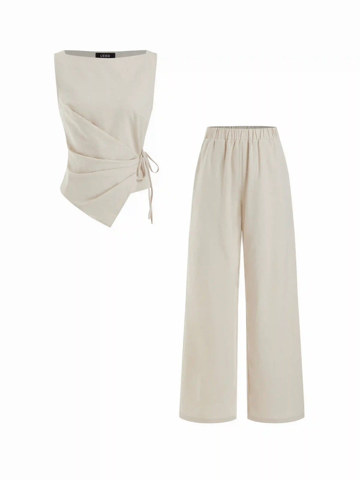 Linen-blend Boat Neck Wrap Tie Top & Mid Rise Capri Trousers Set