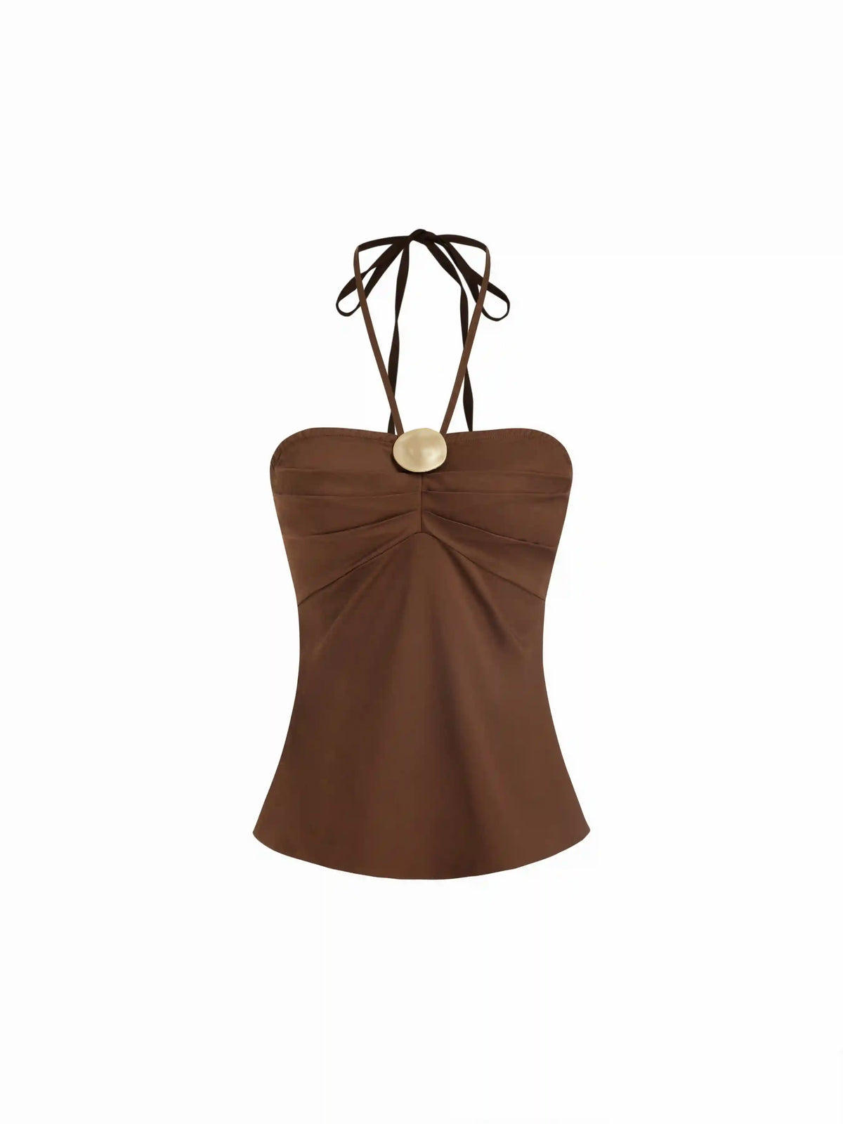 Cotton-blend Halter Neckline Ruched Metal Detail Shirred Top
