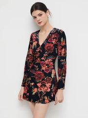 Velvet V-neck Floral Mini Dress