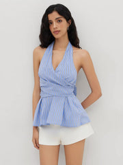 Cotton-blend Halter Neckline Stripe Bowknot Ruffle Hem Top