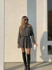 Asymmetrical Neck Drawstring Cinched Waist Flared Mini Dress