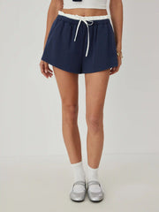 Cotton Mid Rise Color-Blocking Ruffled Waist Shorts