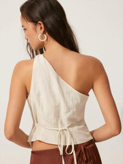 Linen-blend Asymmetrical Neck Ruched One-Shoulder Top