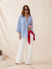 Cotton-blend Collar Stripe Middle Sleeve Shirt