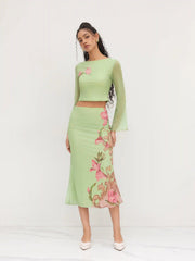 Mesh Floral Lettuce Trim Crop Top & Mid Rise Ruffle Maxi Skirt Set