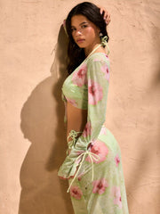 Halter V-neck Tie Side Bikini Set With Floral Cover Up Set
