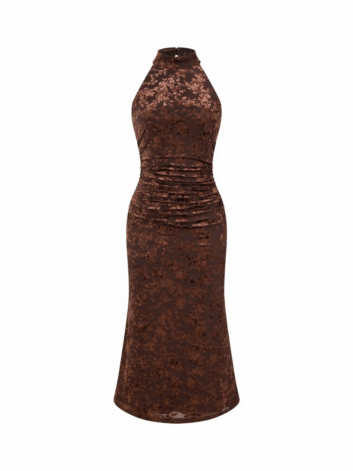Velvet Halter Neckline Floral Ruched Midi Dress