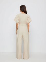 Linen-blend Mid Rise V-neck Ruched Wide Leg Jumpsuit