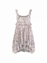 Chiffon Floral Square Neck Tiered Ruffle Hem Mini Dress