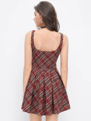 Cotton Scoop Neckline Plaid Bowknot Mini Dress