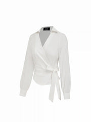 Cotton-blend Collar Long Sleeve Wrap Tie Side Shirt