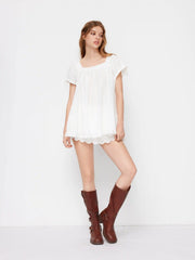Square Neck Solid Ruffle Knotted Short Sleeve Blouse