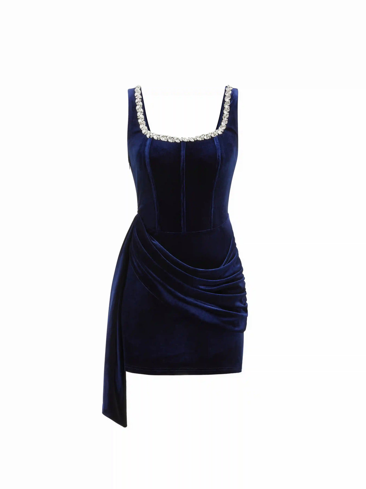 Velvet U-neckline Rhinestone Draped Ruched Corset Mini Dress