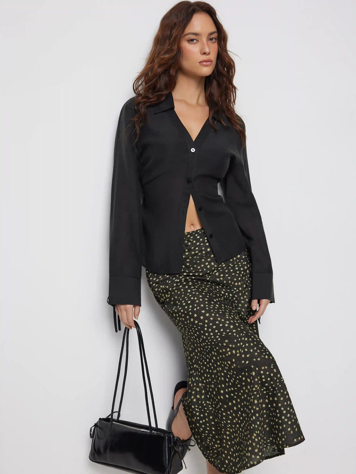 Collar Knotted Ruched Cinched Waist Shirt