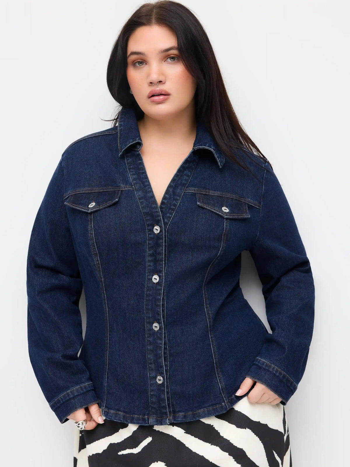 Stretch Denim Metal Detail Blouse Curve & Plus