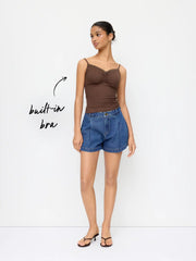 Cotton-blend V-neck Lace Panel Ruched Cami Top