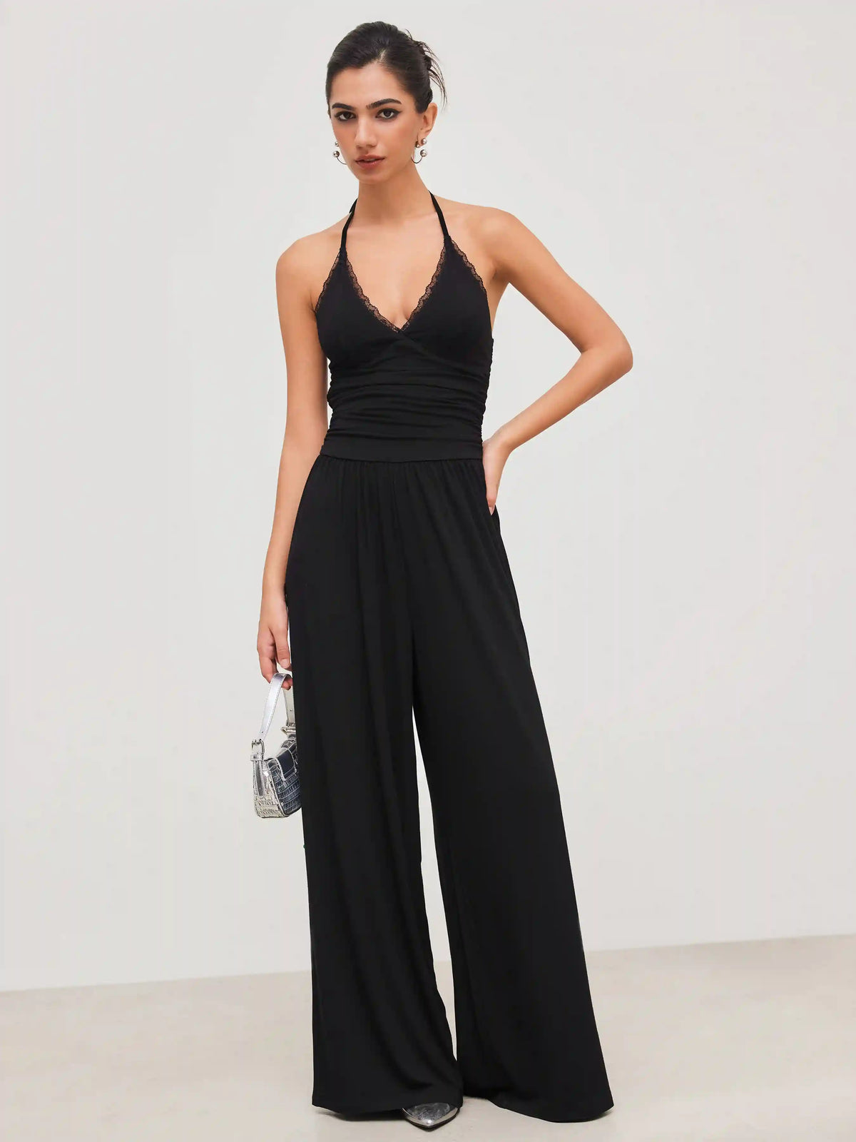 Halter Neckline Lace Trim Backless Ruched Jumpsuit