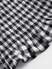 Cotton-blend Boat Neck Gingham Shirred Lettuce Trim Knotted Tank Top