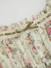Chiffon Square Neck Floral Bowknot Puff Sleeve Mini Dress