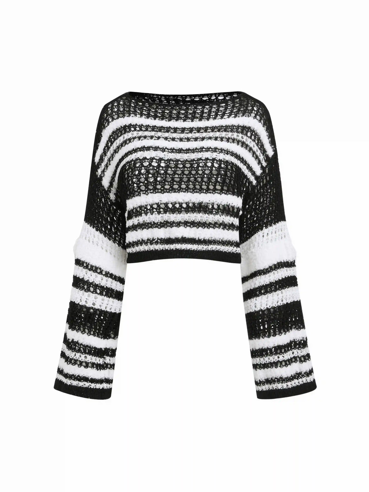 Knit Striped Boat Neck Hollow Out See-through Oversized Crop Top