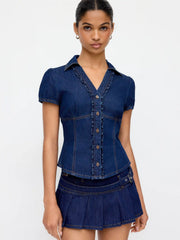 Denim Ruched Front Metal Button Short Sleeve Blouse
