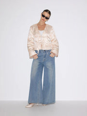 Jacquard Floral V-neck Bowknot Tie Oversized Puffer