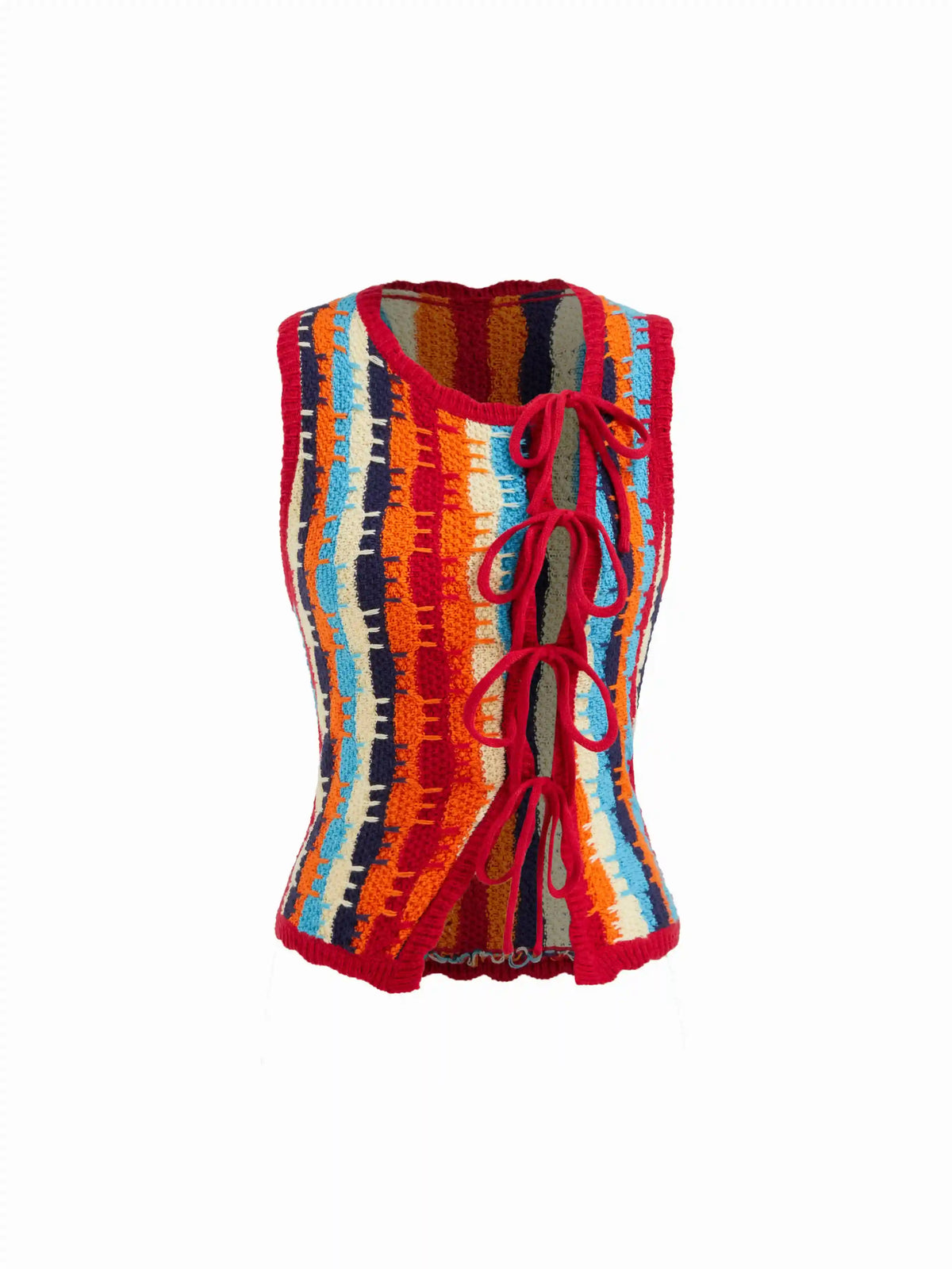 Knit Crochet Asymmetrical Neck Stripe Colorblock Tie Front Vest