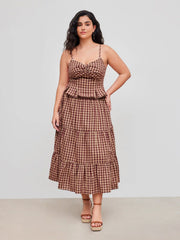 Cotton-blend Mid Rise Check Layered Maxi Skirt Curve & Plus