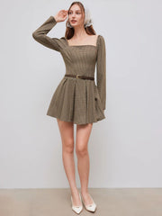 Square Neck Checks Pleated Mini Dress With Belt