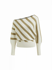 Knit Striped Asymmetrical Neck Long Sleeve Top
