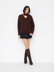 Knit Wool-blend V-neck Long Sleeve Oversized Top With Scarf