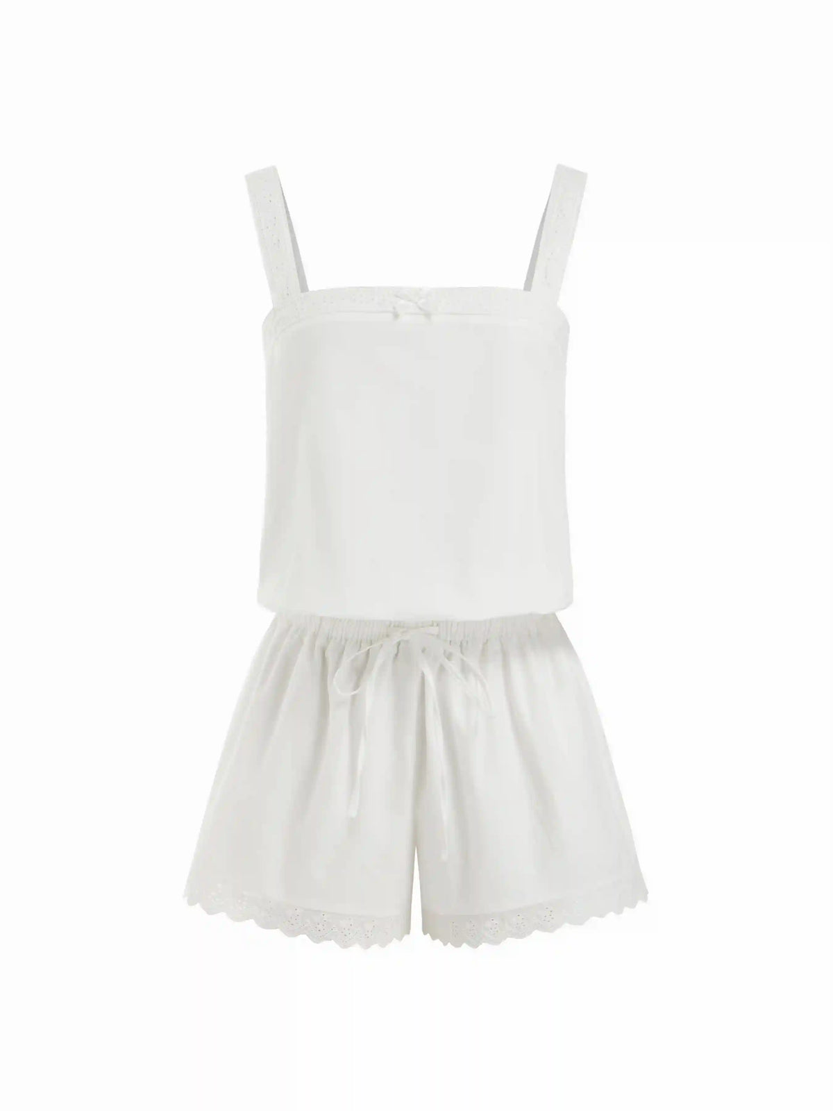 Cotton Square Neckline Lace Trim Drawstring Micro Romper