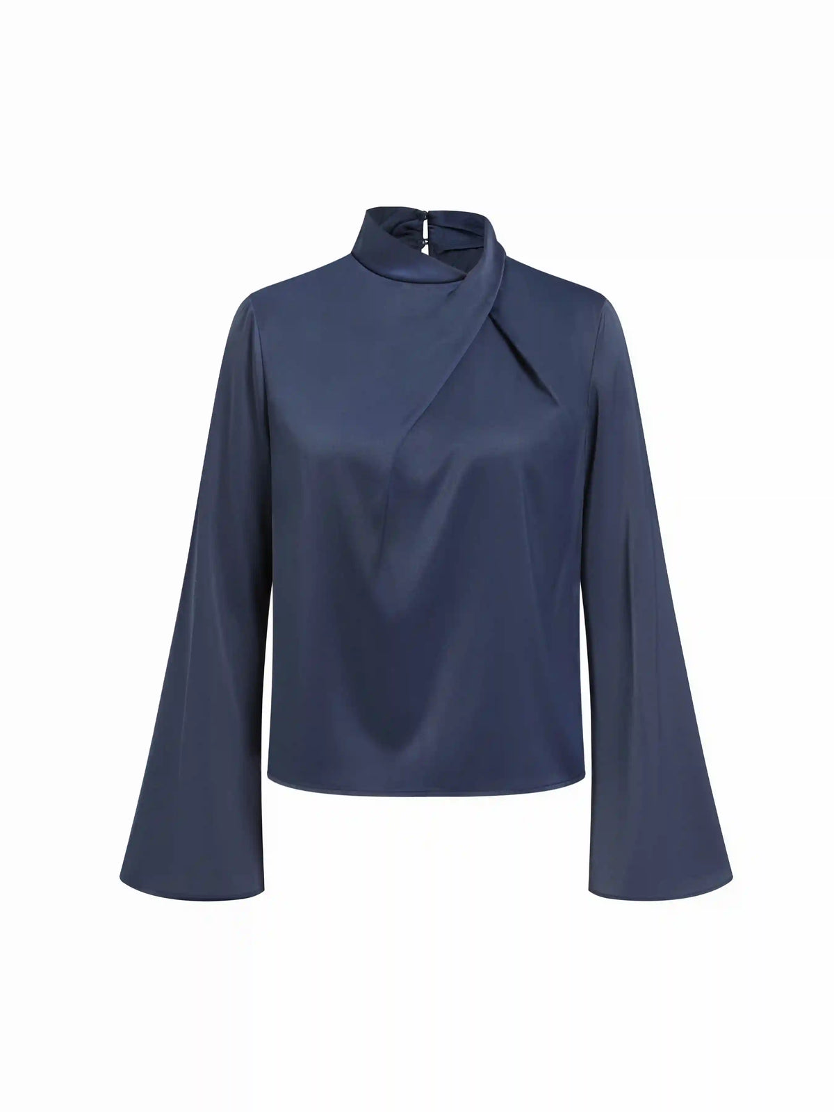Satin High Neck Bell Sleeve Button Blouse