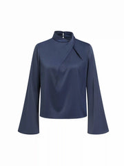 Satin High Neck Bell Sleeve Button Blouse