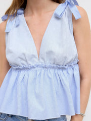 Cotton-blend V-neck Stripe Lettuce Trim Bowknot Ruffle Tank Top